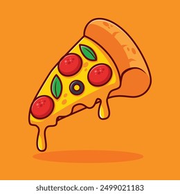 Rebanada de pizza con queso derretido peperoni oliva y Vector de hoja de albahaca Diseño en elemento de ilustración de estilo de arte de dibujos animados para contenido perfecto para el empaquetado del logotipo de la marca de negocios de comida rápida editable