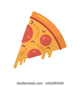 Pizza slice with melted cheese and pepperoni. Cartoon sticker in comic style. Decoration for greeting cards, posters, patches, prints for clothes, emblems. Vector illustration in a cartoon style.