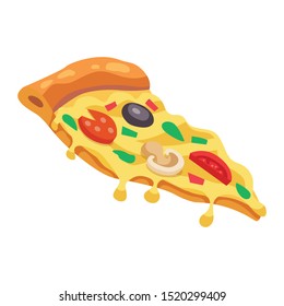 Pizza slice with melted cheese and pepperoni. Cartoon sticker in comic style. Decoration for greeting cards, posters, patches, prints for clothes, emblems. Vector illustration in a cartoon style.