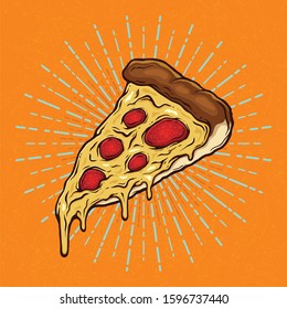 Pizza Slice with Melted Cheese and Pepperoni Hand Drawn Vector Illustration