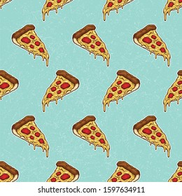 Pizza Slice with Melted Cheese and Pepperoni Pattern Hand Drawn Vector Illustration