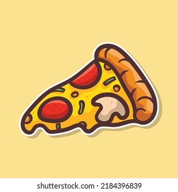 Pizza slice with melted cheese and pepperoni. Cartoon sticker in comic style with contour. Decoration for greeting cards, posters, patches, prints for clothes, emblems. Illustration Vector design