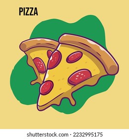 Pizza slice with melted cheese and pepperoni. Cartoon sticker in comic style with contour. Decoration for greeting cards, posters, prints for clothes, emblems.vector illustration