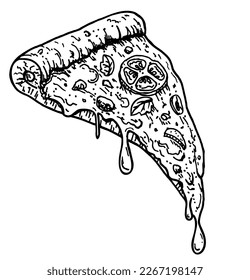 Pizza slice with melted cheese and pepperoni. Hand drawn Sketch Vector illustration. For greeting cards, posters, emblems, menu, poster or label.