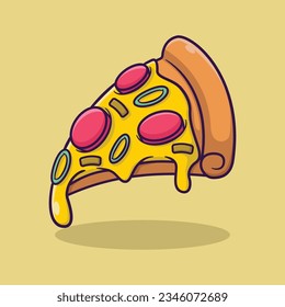 Pizza slice with melted cheese and pepperoni. Cartoon sticker in comic style with contour. Vector illustration. 