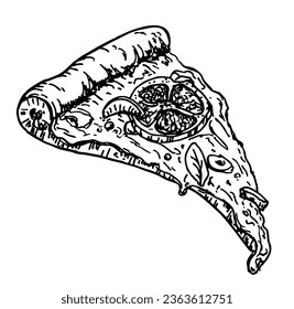 Pizza slice with melted cheese and pepperoni. For greeting cards, posters, emblems, menu, poster or label. Pizza design template, logo  Hand drawn Sketch Vector illustration. 