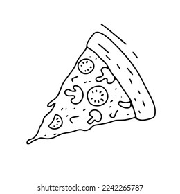 Pizza slice with melted cheese and tomatoes. Hand drawn doodle sketch. Vector outline illustration isolated on white.