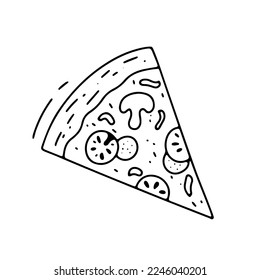 Pizza slice with melted cheese and tomatoes. Hand drawn doodle sketch. Vector outline illustration isolated on white.