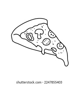 Pizza slice with melted cheese and tomatoes. Hand drawn doodle sketch. Vector outline illustration isolated on white.