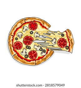 a pizza with a slice of melted mozarella cheese, olive , shitake mushroom, tomato slice. Junk food restaurant illustration doodle cartoon