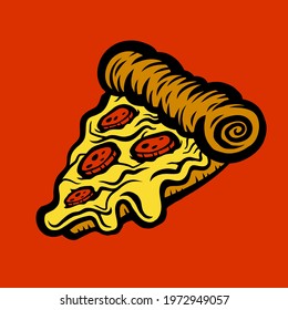 Pizza slice with melting cheese and tomatoes linear vector illustration icon isolated on red background 
