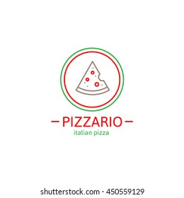 Pizza slice minimal vector line logo on white background. Pizza sign and mark. Italian hot pizza. 