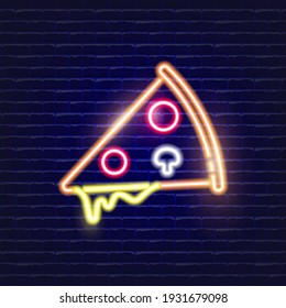 Pizza slice neon icon. Glowing Vector illustration icon for mobile, web and menu design. Street Food concept