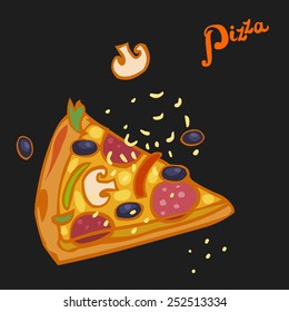 Pizza slice on black background. Vector illustration