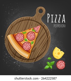 Pizza slice on the board and the ingredients for the pizza on the chalkboard 