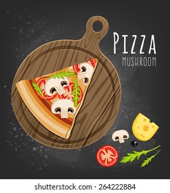 Pizza slice on the board and the ingredients for the pizza on the chalkboard 