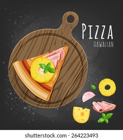 Pizza slice on the board and the ingredients for the pizza on the chalkboard 