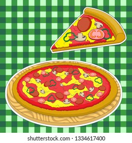 Pizza and a slice of pizza on a green caged background. Vector image. EPS