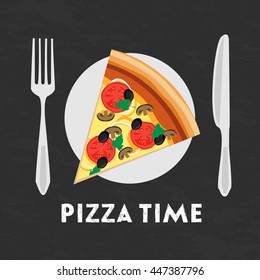 Pizza slice on a plate with knife and fork