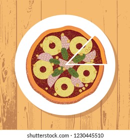 Pizza and pizza slice on white plate. Pizza vector on wooden table textured background. For a book of recipes, cooking class, cafe and restaurant, pizzeria menu, interior decoration. Italian food