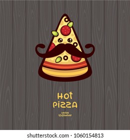 Pizza slice on wood background vector illustration. Cartoon character. Design for logo, label and menu. Cute pizza pepperoni with mustache.