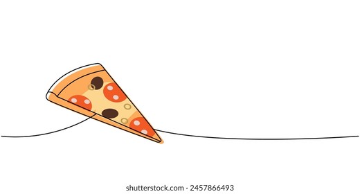 Corte de pizza una línea de dibujo continuo de color. Ilustración de línea continua de comida rápida italiana tradicional. Ilustración lineal de Vector.