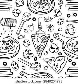 Pizza slice pattern with pizza cutters, graters, mushrooms, tomatoes, takeaway boxes and scattered toppings for pizzeria packaging, wrapping paper and food themed surfaces, hand drawn doodle vector illustration.