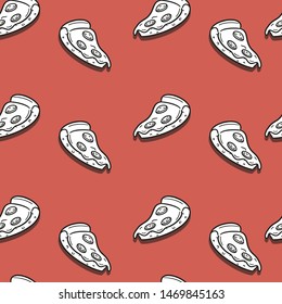 Pizza Slice Pattern. Fast Food Doodle Line Art Icon. Red Background Design.