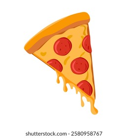 Pizza slice of pepperoni with cheese dripping, Italian pepperoni pizza. Vector illustration of fast food on white background