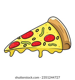 Pizza slice with pepperoni, cheese, and other ingredients on a white background. Junk foods. Vector illustration. 