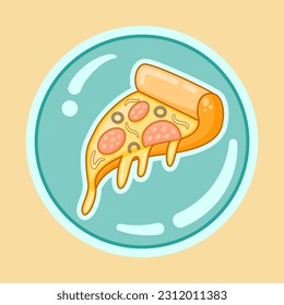 Pizza slice with pepperoni and cheese round sticker vector illustration.