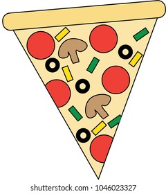 Pizza slice with pepperoni, mushrooms, olives and pepper, cartoon style, vector illustration, isolated