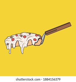 Pizza slice with pepperoni and mushrooms on spatula with yellow background.