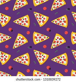 Pizza slice with pepperoni, olives and pepper vector seamless pattern background.