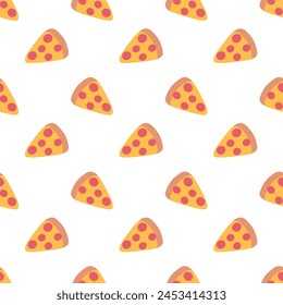 Pizza slice with pepperoni seamless pattern. Italian food background. Simple doodle, hand drawn kitchen wallpaper. Flat vector illustration.