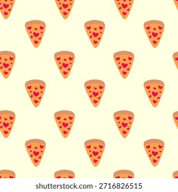 Pizza fatia com pepperoni em forma coração padrão sem emenda. Fundo alimentar italiano. Comida do dia dos namorados. Ilustração de vetor plano.