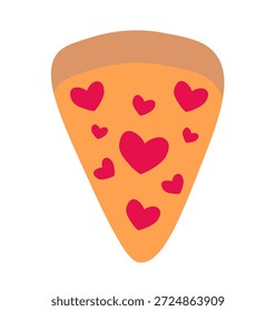 Pizza slice with pepperoni in shape heart. Italian food background. Valentine day food. Flat vector illustration.