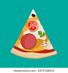 Pizza slice with pepperoni. Traditional fast food. Dough, cheese, salami, olive, tomato and vegetables. Vector illustration in flat style