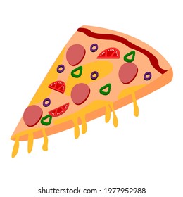 Pizza Slice with pepperoni, vegetables and cheese melting vector illustration icon