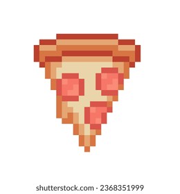 Pizza slice pixel art icon. Design for stickers, pizzeria logo, mobile app. Game assets 80s 8-bit sprite. Pepperoni piece pizza with dripping cheese isolated vector illustration.