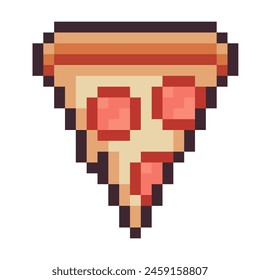 Pizza Slice of pizza pixel art icon. Design for stickers, pizzeria logo, mobile app. Game assets 80s 8-bit sprite. Pepperoni piece pizza isolated vector illustration.