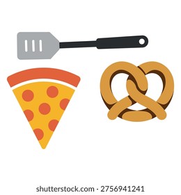 Pizza slice and pretzel snack food vector set illustration