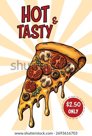 Pizza slice promo poster with pop art vintage sunburst