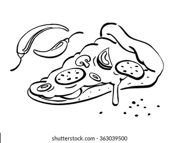 Pizza slice, red peppers and whole pepper. Hand drawn food illustrations.