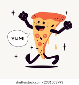 Pizza slice retro character with melting cheese. Cartoon or comic vector illustration isolated on white background. Modern vintage mascot.