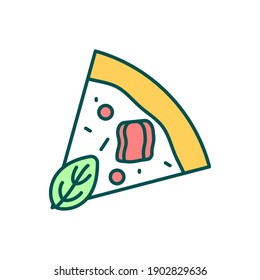 Pizza slice RGB color icon. Fast food piece. Pizzeria menu order. Mozzarella, vegetable, meat dish. Unhealthy meal. Prepare dinner. Cafe offer. Italian cuisine. Isolated vector illustration