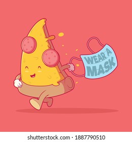 Pizza slice running with a mask vector illustration. Prevention, food, virus, protect design concept.
