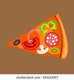 Pizza slice with salami or pepperoni, tomatoes, onions, mushrooms, black and green olives, green bell peppers. Yummy pizza with toppings. Vector Illustration