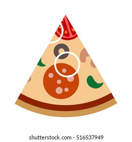 Pizza slice with salami, sausage, mushrooms, onion, olives. Pizza delivery. Cartoon flat image