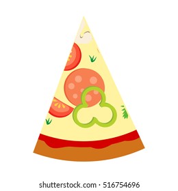 Pizza slice with salami, sausage, mushrooms, onion, olives,pepper. Pizza delivery.Cartoon flat image